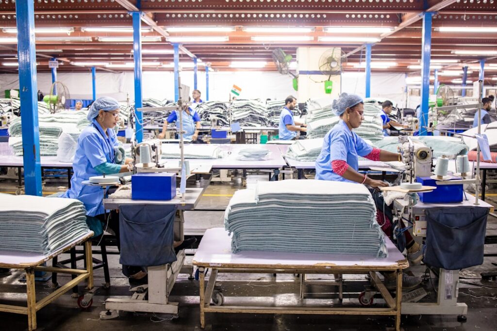 Uniforms being sewn from twill fabric