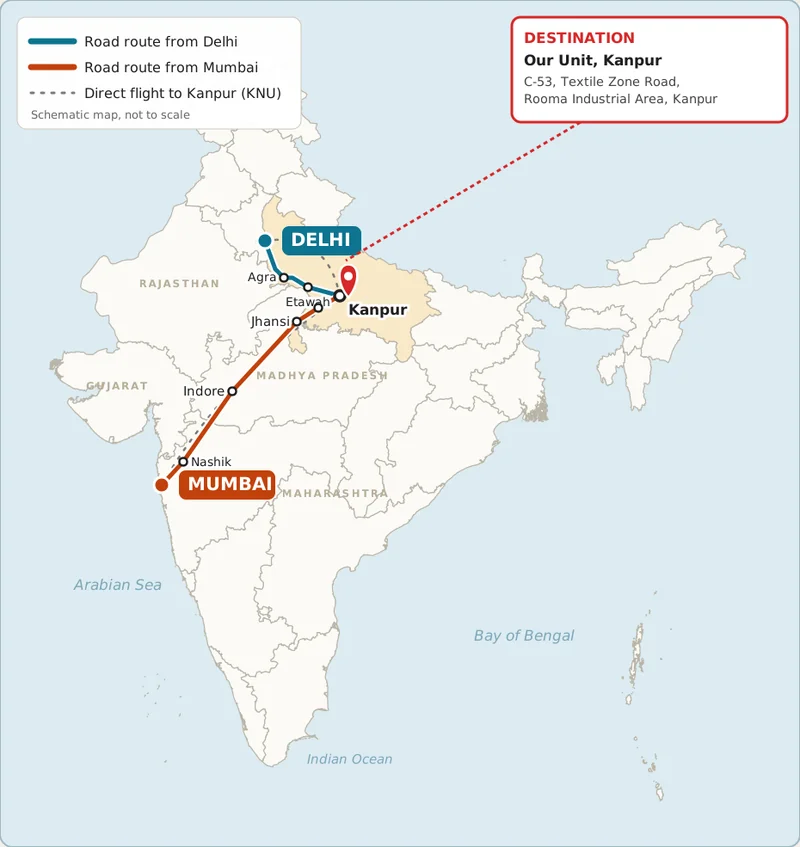 How to Reach Us Route map to Cotton Canvas factory in Rooma Industrial Area, Kanpur from Delhi and Mumbai